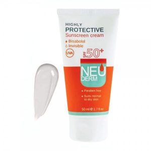 کرم ضد آفتاب نئودرم SPF50 فاقد رنگ مناسب پوست نرمال تا خشک 50 میل Neuderm Invisible SPF50 Sunscreen Cream For Dry To Normal Skins 50ml